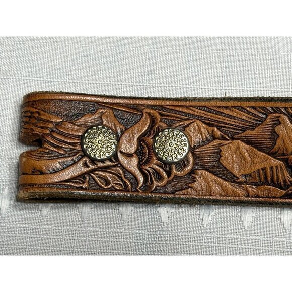Handcrafted Leather Belt Men's Engraved Eagle Mountain Design Intricate Western - Picture 4 of 8